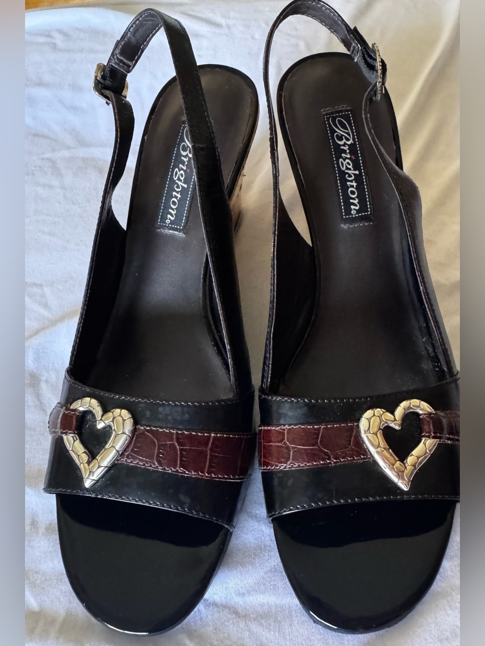 Brighton Rally Black and Brown Slingback Sandals with Heart Detail